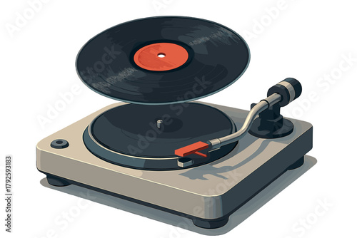 Stylized modern turntable device with a levitating black vinyl record