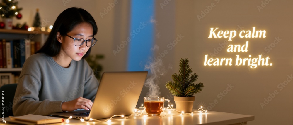Naklejka premium A young Asian student learns online with a laptop at night during the Christmas holidays. Cozy home scene with festive lights and a motivational quote for e-learning.