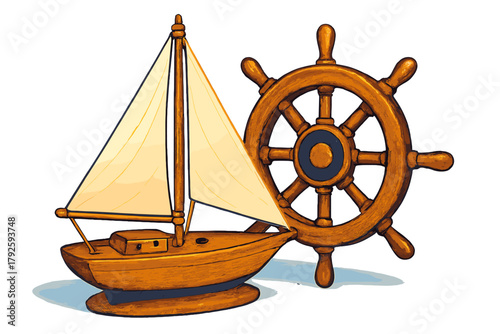 Classic wooden sailboat model next to a large ship's steering wheel symbolizing navigation