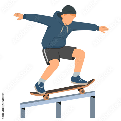 Skateboarder Grinding a Rail in a Hoodie and Beanie,  Vector Illustration of a Skateboard Grind Trick