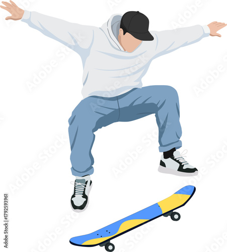 kateboarder Mid-Air Performing a Flip Trick, Vector Illustration of a Skater in Jeans and White Hoodie Jumping
