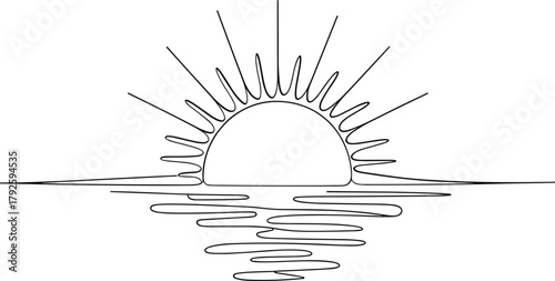 Minimalist black line drawing of a sun rising over water