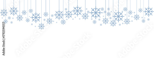 Winter holiday border or banner with pale blue hanging snowflakes of various sizes suspended by thin lines against a clean white background. Minimalist, cold-toned design suitable for winter.