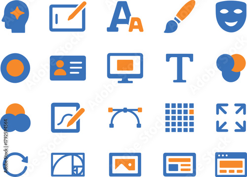 Graphic design elements and creative resources with communication and branding flat icon set for business presentation website