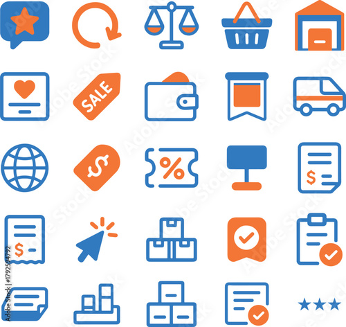 Illustration of ecommerce shopping chart business icons for website and applications in blue and orange color