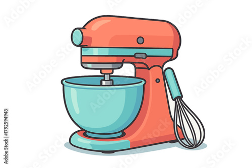 Vibrant coral and teal stand mixer appliance for baking and culinary preparation