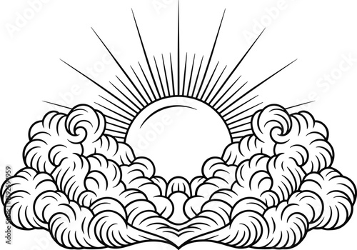 Stylized sunburst rising through swirling clouds rays