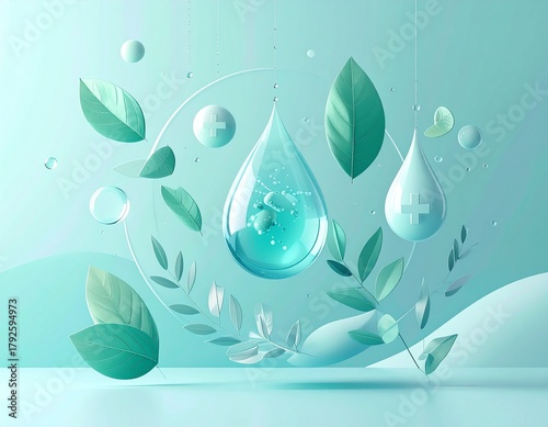 Pastel 2D abstract composition with floating medical icons and organic shapes