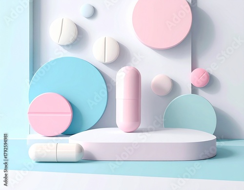 Minimal pastel illustration of pills and capsules on clean white background