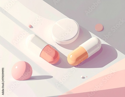 Minimal pastel illustration of pills and capsules on clean white background