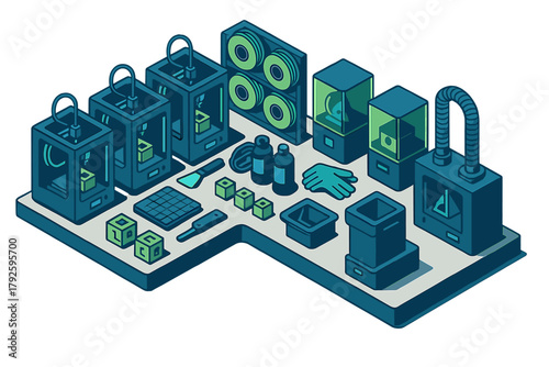 Isometric setup of 3D printers, resin machines, filament spools, and tools for rapid prototyping