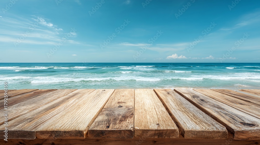 Fototapeta premium wooden table with a seaside background.