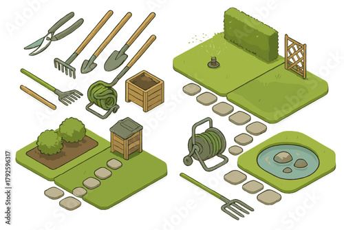 Essential gardening tools and isometric landscaping elements for outdoor design projects