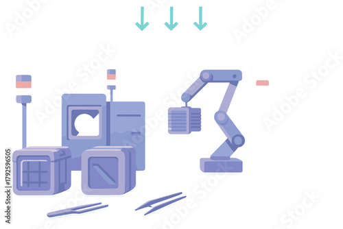 Automated micro-manufacturing process with robotic arm handling components and machinery