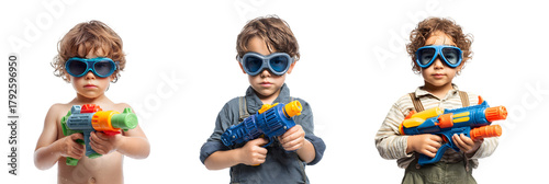 Three young boys wearing sunglasses and holding toy water guns.