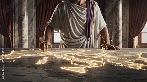 Roman emperor wearing a toga and laurel wreath standing over an ancient glowing war map, strategically planning military campaigns and expanding the empire with digital markers on the table