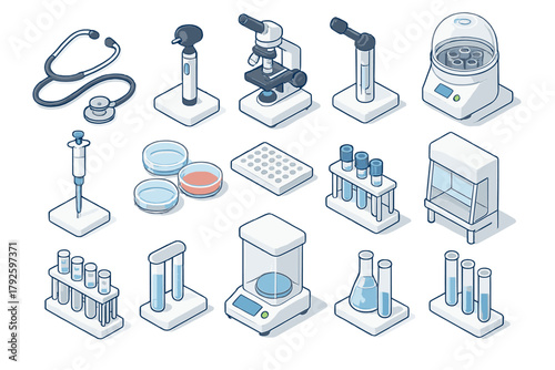 Isometric icons of scientific laboratory equipment and medical research tools