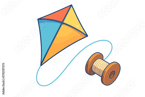 Traditional diamond kite with orange and blue panels attached to a wooden thread spool