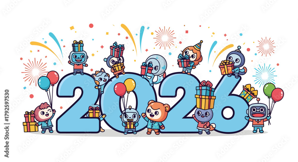 Obraz premium Playful and modern vector illustration of cute characters celebrating around big “2026” numbers with gifts, confetti, and balloons. Perfect for New Year branding and social media posts.