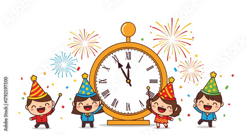 Adorable vector art of cartoon people counting down to midnight with a big clock, confetti, and fireworks. Great for New Year posters, banners, and holiday cards.