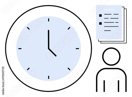 Large clock alongside person and stack of documents signals efficient time use, task prioritization, productivity. Ideal for scheduling, deadlines, office planning, efficiency studies, team