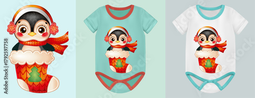 Cartoon New Year's illustration for printing on a baby bodysuit: a penguin in a red Christmas sock with tree, winter ear muffs and a scarf.