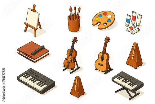 Assortment of creative tools and instruments including paint brushes, canvas, guitar, violin, and keyboard