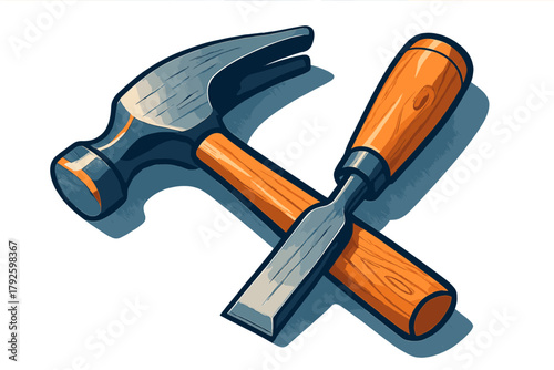 Classic claw hammer and wood chisel crossed over each other on a white background