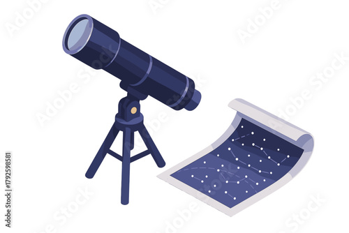 Dark blue telescope on a tripod next to a constellation map for studying the night sky and astronomical discovery