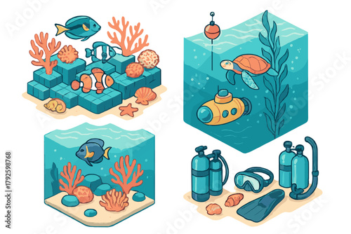 Isometric ocean life and diving gear set featuring clownfish, sea turtle, and submarine