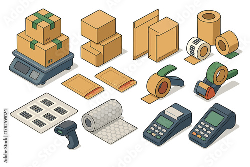 Isometric set of shipping and packaging supplies including cardboard boxes, scale, tape, and barcode scanner