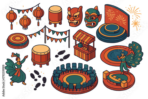 Isometric icons of traditional Asian celebration items and theatrical performance props