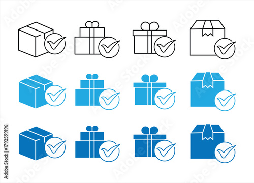 A set of delivery box icons with check marks or delivery box icons with check marks in various shapes, indicating that the package has been received or delivered. vector illustration
