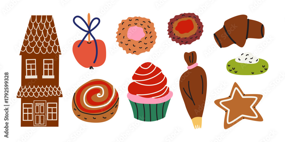 Fototapeta premium Traditional Christmas sweets elements. Hand drawn cartoon gingerbread, cookies, chocolate roll, stollen, cupcakes. Winter holiday baking set for greeting cards, recipe book, badges, stickers