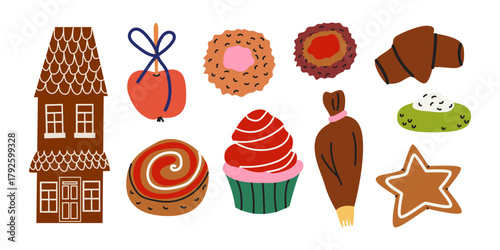 Traditional Christmas sweets elements. Hand drawn cartoon gingerbread, cookies, chocolate roll, stollen, cupcakes. Winter holiday baking set for greeting cards, recipe book, badges, stickers