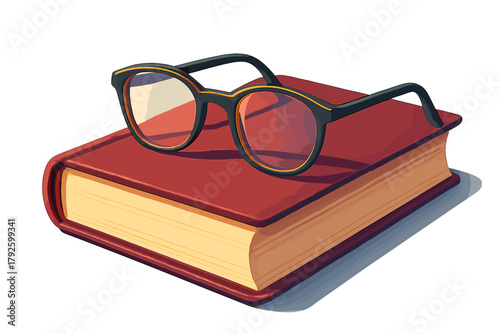 Stylish reading glasses resting on a closed red hardcover book isolated on white background