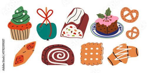 Traditional Christmas sweets elements. Hand drawn cartoon gingerbread, cookies, chocolate roll, stollen, cupcakes. Winter holiday baking set for greeting cards, recipe book, badges, stickers