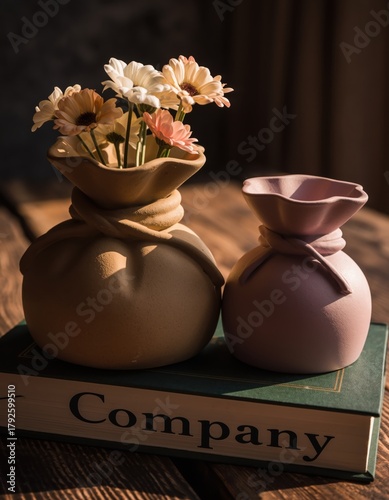 Two unique money bag shaped ceramic vases holding soft colored daisy flowers resting on large book titled company on wooden surface