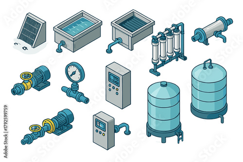 Isometric industrial equipment elements for water purification and fluid control systems