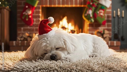 A cute white dog wearing a Santa hat is sleeping soundly on a fluffy rug in front of a cozy fireplace, with Christmas stockings hanging nearby.