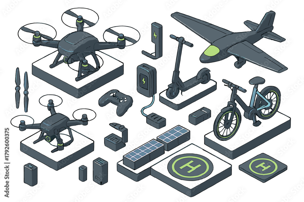 Obraz premium Isometric set of electric vehicles, drones, charging stations, and renewable energy components