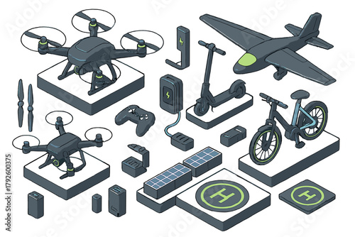 Isometric set of electric vehicles, drones, charging stations, and renewable energy components