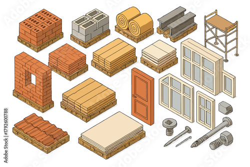 Isometric collection of essential building materials: bricks, lumber, door, insulation, and fasteners