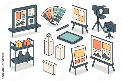 Isometric setup of graphic design, photography, and content creation tools