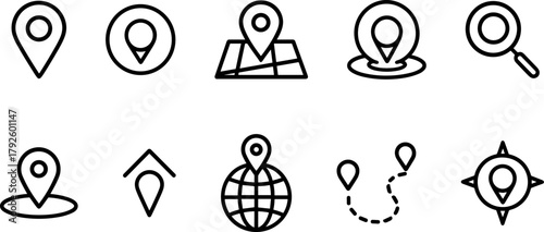 Location and navigation icons set. Map pin, route, destination, global positioning. Outline vector illustrations