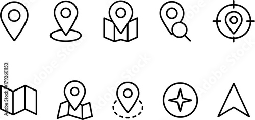 Location and navigation icons set. Map pin, route, destination, global positioning. Outline vector illustrations