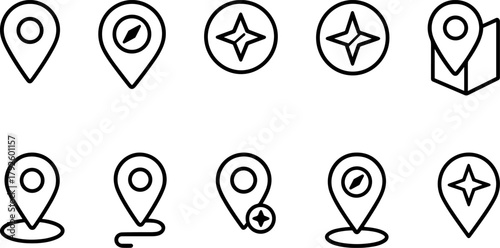 Location and navigation icons set. Map pin, route, destination, global positioning. Outline vector illustrations