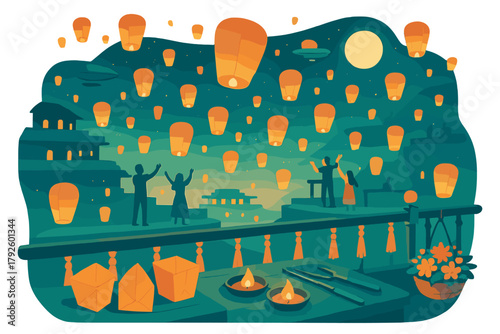Night festival scene with people releasing glowing sky lanterns under a full moon over traditional buildings