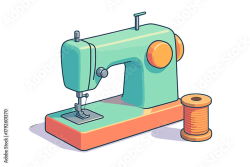 Colorful retro-style sewing machine and thread spool isolated on a white background