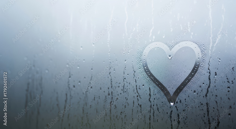 Obraz premium Heart shape drawn on fogged window with raindrops in soft light 